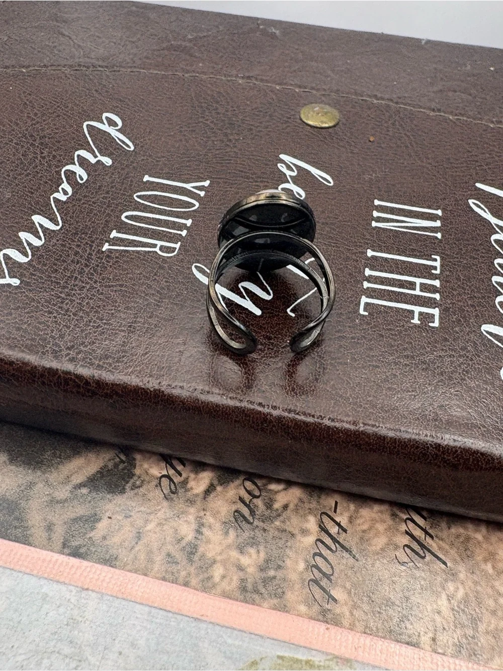 Handmade White Quartz Adjustable Black Statement Ring